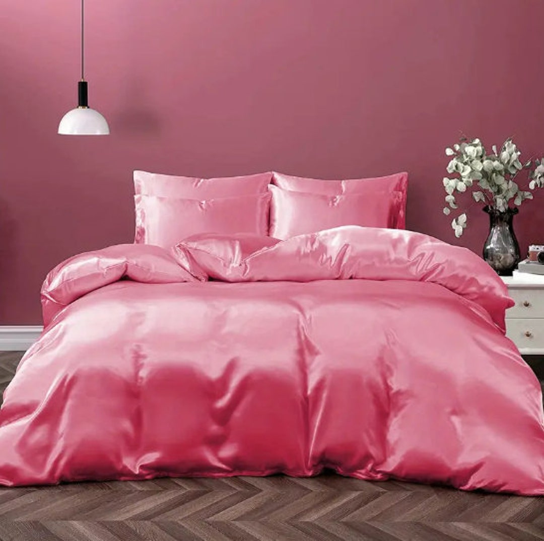 3 Pc Luxury Pink Satin Bedding Set for Bedroom, Comforter Set for