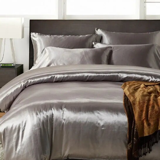 3 Pc Luxury Silver Satin Bedding Set for Bedroom, Comforter Set for