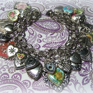 Silver Vintage Puffy Heart Bracelet - 25 Charms - Guilloche and Painted Hearts