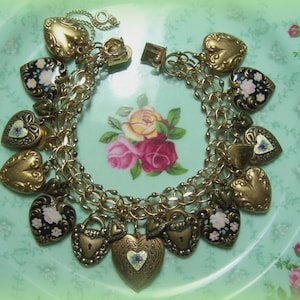 Vintage Style GF Puffy Heart Bracelet 20 Charms - Painted and Guilloche Hearts