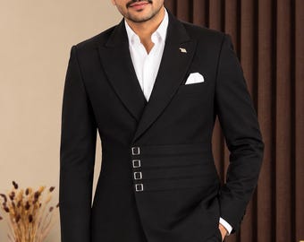 Men's Black Designer Suit, Asymmetric Buckle Waist Blazer, Luxury Wedding Suit, Modern Groom wear