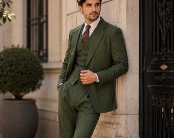 Green Tweed Wool Suit Men, 3 Piece Regular Fit Suit, Vintage Formal Menswear, Groomsmen Outfit