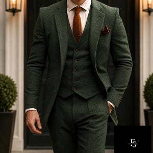 Grüner Tweed-Wollanzug für Herren, 3-teiliger Anzug, Vintage-Hochzeitsblazer für Trauzeugen