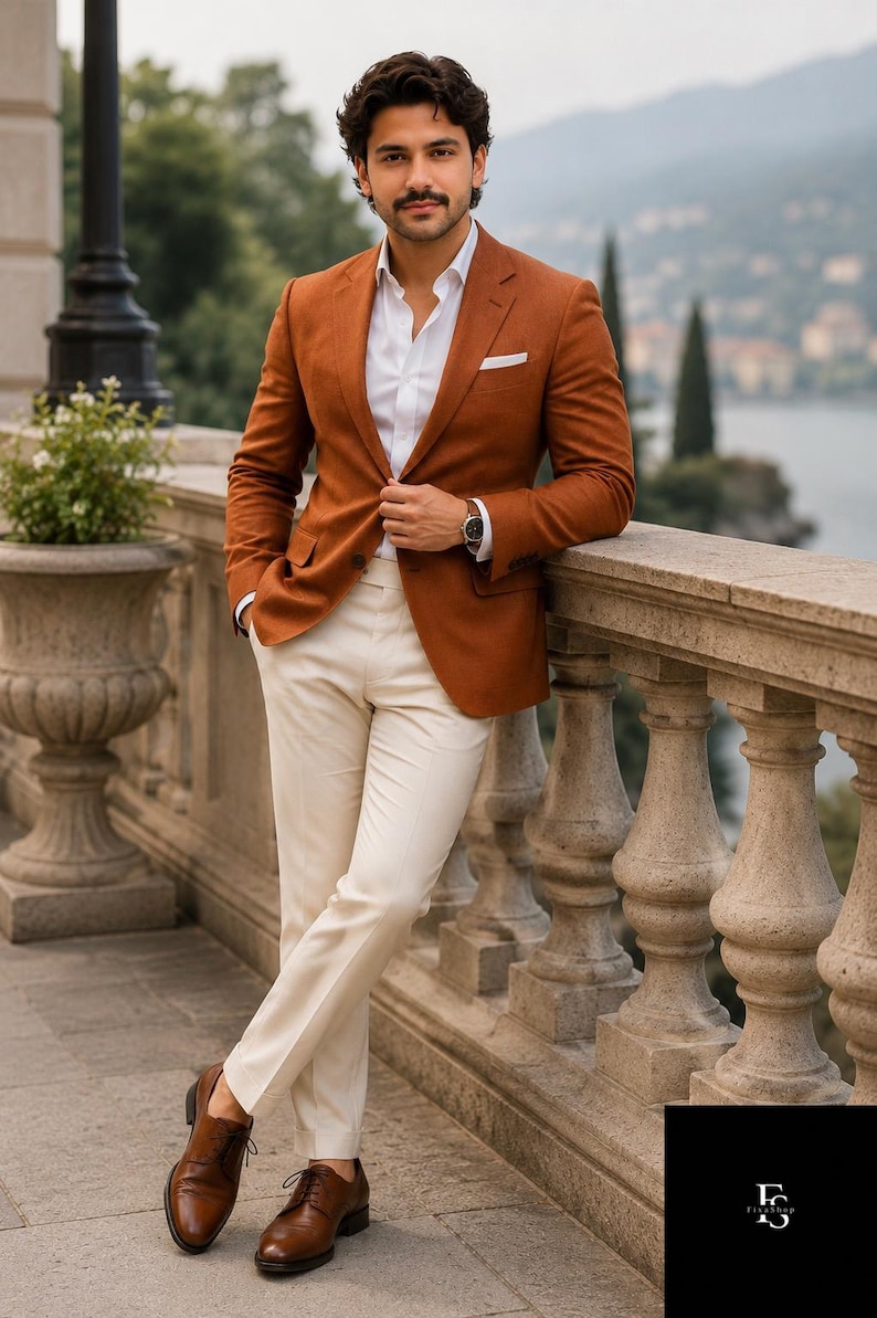 Rust Orange Blazer for Men, Terracotta Wedding Suit, Cream Trousers Rust Orange Blazer for Men, Terracotta Wedding Suit, Cream Trousers