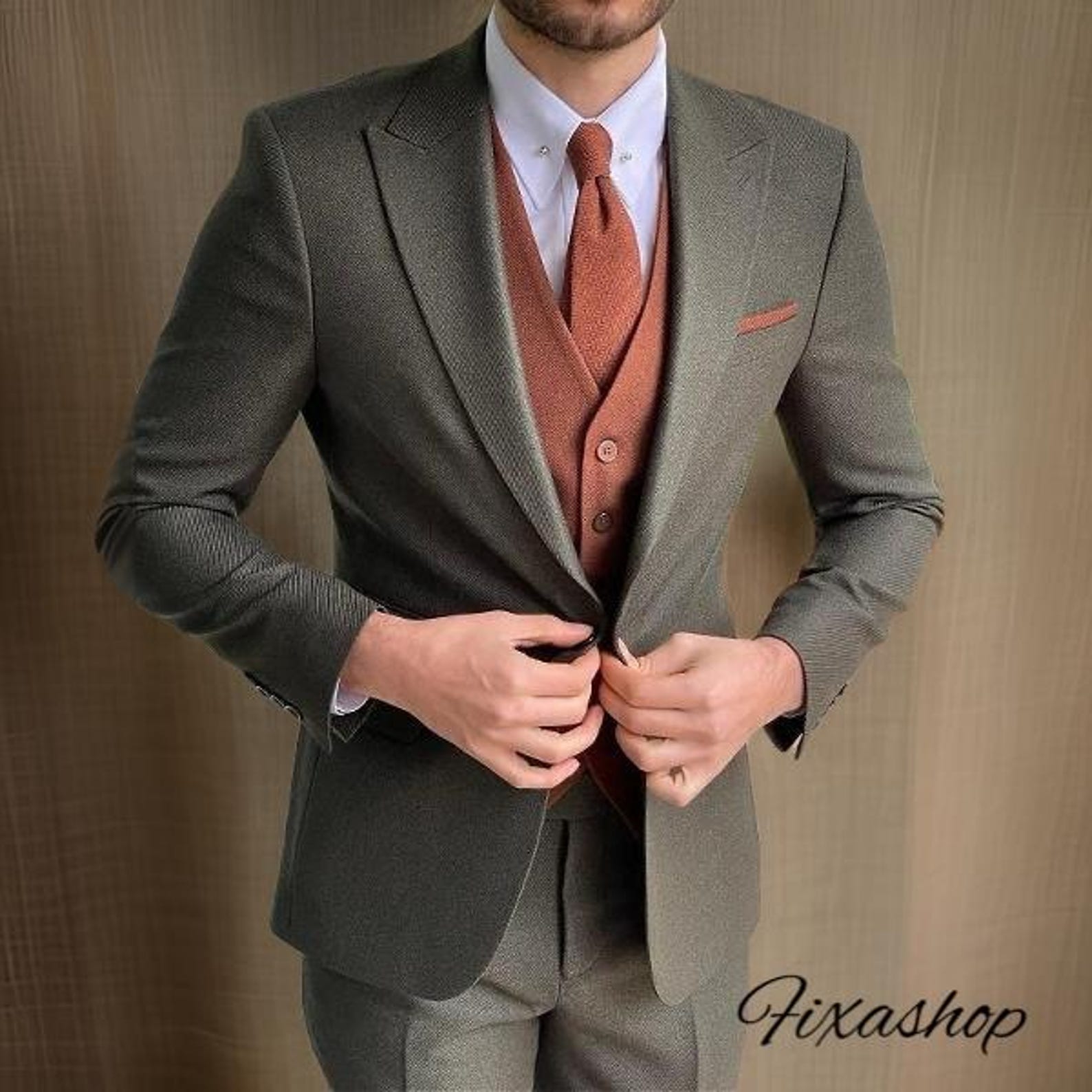 Suits for Men, Green Jacket Rust Vest Men Suits, 3 Piece Suits, Tow ...