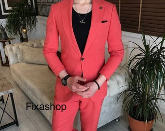 Men  Designer Bean Red Two Piece For Mens Wedding Suit, Event Suit,Engagement Suit,Prom,Groom Wear And Groomsmen Suit,Dinner Suit