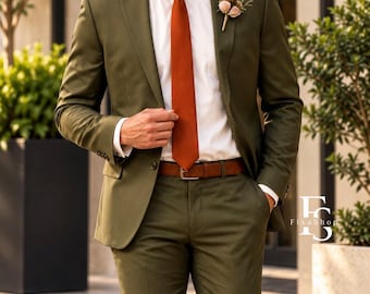 Olive Green Men’s Suit, Slim Fit Wedding Guest Outfit, Groom Suit, Formal Blazer Pants,