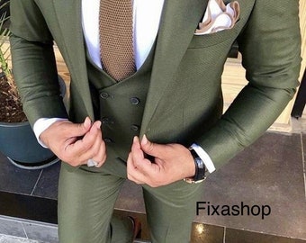 Uomo Elegante tre pezzi verde oliva per abito da sposa da uomo, regalo per anniversario, abito da sposo, abito invernale