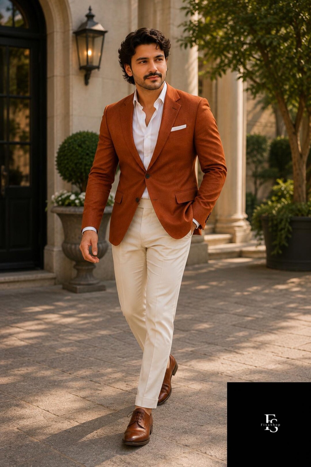 Rust Orange Blazer for Men, Terracotta Wedding Suit, Cream Trousers Rust Orange Blazer for Men, Terracotta Wedding Suit, Cream Trousers