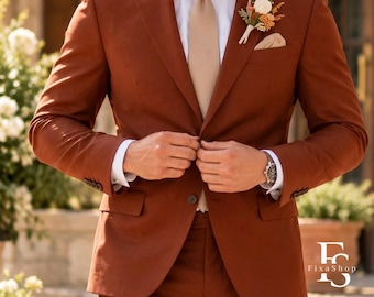 Traje de boda para hombre color marrón óxido, traje de novio color terracota, blazer formal color naranja quemado, corte a medida.