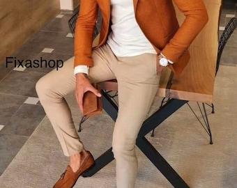 Men Trendy Rust Orange Two piece for mens wedding suit, engagement, Anniversary, business suit, prom ,groom wear and groomsmen suit