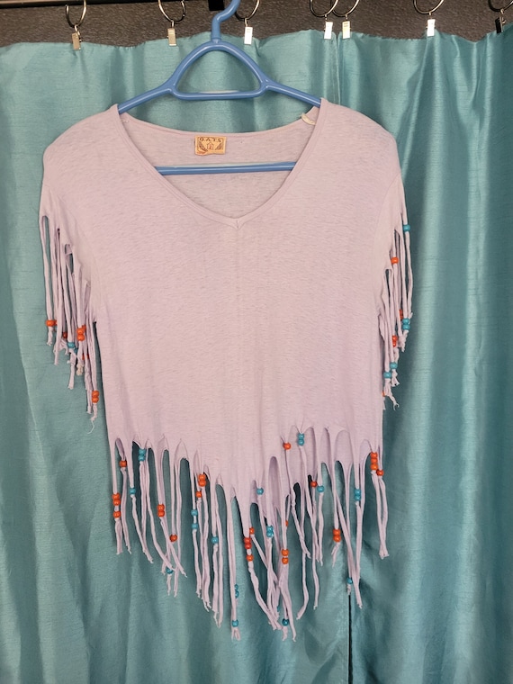 Vintage 80s Fringed Cropped T-shirt with an Asyme… - image 1