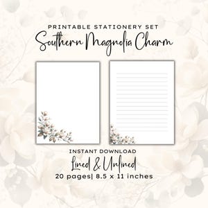 Conjunto de papelería Southern Magnolia Charm, papel de escritura floral imprimible, páginas de diario tamaño carta elegantes, papel de notas decorativo, álbum de recortes