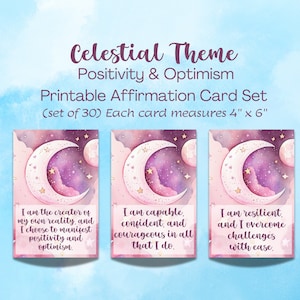 Jeu de cartes d'affirmation pour la positivité et l'optimisme, imprimable, émancipation personnelle, affirmation positive, entraide, thème céleste, PDF et PNG