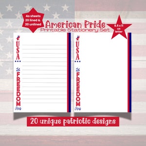 Set di cancelleria stampabile American Pride, carta a tema USA, America, Rosso Bianco e Blu, set di scrittura di lettere patriottiche, 4 luglio, Memorial Day