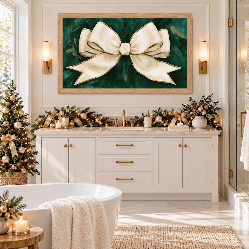 Frame TV Christmas Art, Watercolor Bow, Christmas Screensaver, Cozy ...