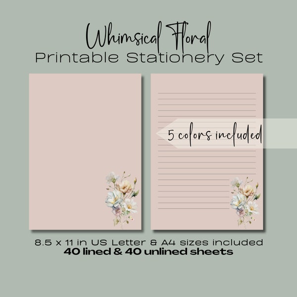 Whimsical Floral Printable Stationery Set, Multi-colored Bundle, 8.5 x 11 US Letter & A 4 sizes included, Letter writing set, digital paper