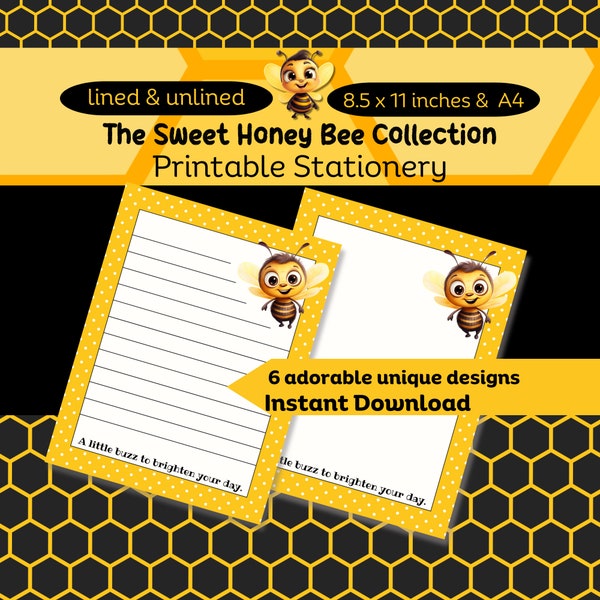 Sweet Honeybee Stationery Set for Kids, Printable, letter writing set, pen pal note paper, art project, bumble bee paper, digital paper pack