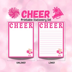 May include: Printable stationery set with the word "CHEER" in pink letters. The set includes two sheets of paper, one lined and one unlined. Each sheet features a cheerleader girl graphic with a pink pom-pom.