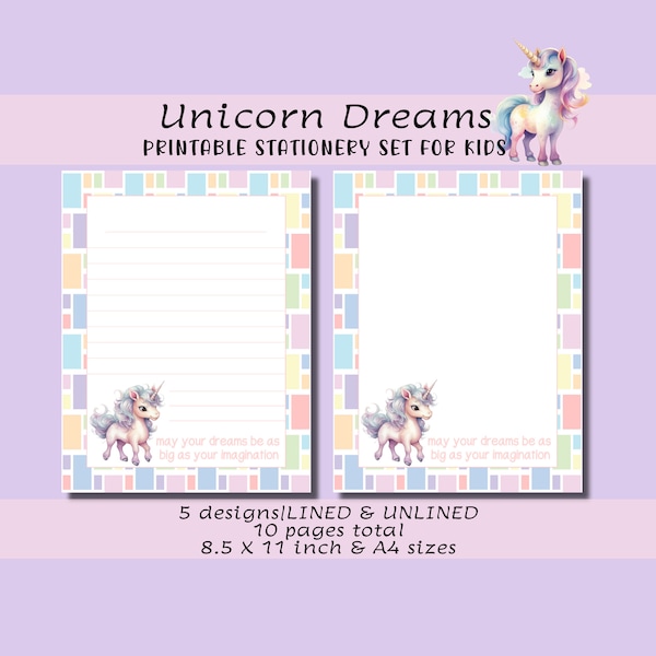 Unicorn Dreams Kids Printable Stationery Set, letter writing set, pen pal note paper, fantasy, school project paper, art projects for kids