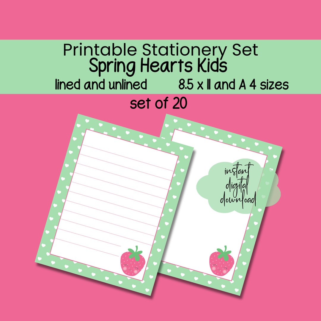 Kids Printable Stationery Set, Spring, Pastel Hearts Lined Stationary ...
