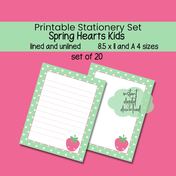 Kids Printable Stationery Set, Spring, Pastel Hearts Lined Stationary, Letter Writing Paper, digital stationery paper, pen pal notes