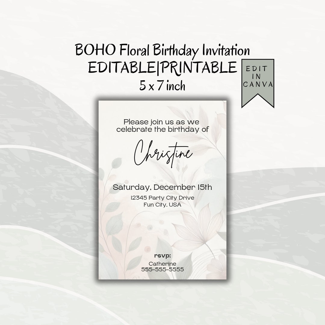 Boho Floral Birthday Invitation: Earth Tones, Editable Canva Template ...