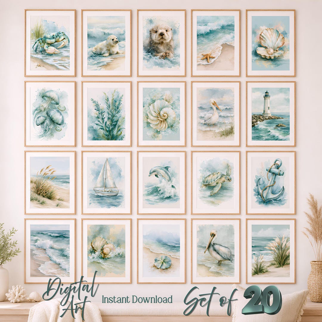 Lake House Wall Art, Ocean Nursery Decor, Set of 20 Coastal Gallery ...