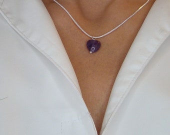 925 zilveren amethist hartketting, minimalistische ketting, natuursteen, damescadeau, februari verjaardagssteen, Amethist juweel