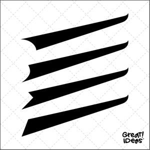 Può includere: Quattro linee nere inclinate, ciascuna con un'estremità arrotondata, sono impilate l'una sull'altra. Le linee sono disposte in diagonale, con la linea superiore che è la più inclinata e la linea inferiore che è la meno inclinata. Le linee hanno tutte la stessa larghezza e lunghezza.