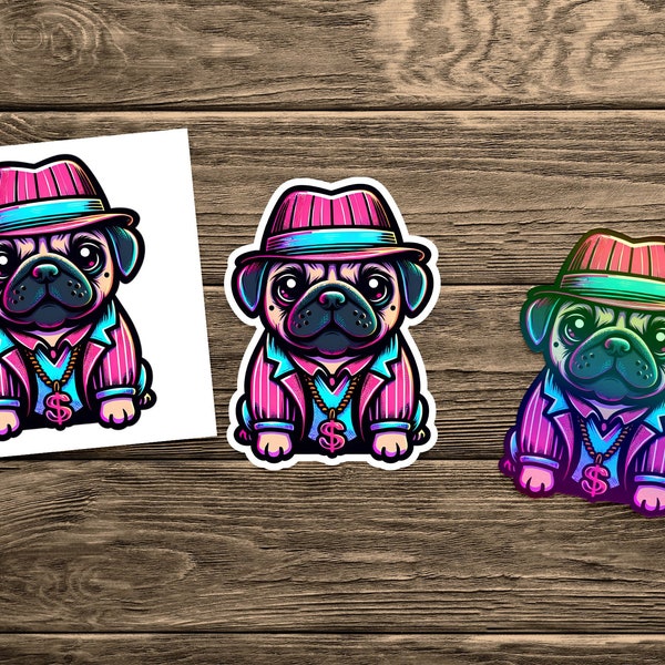 Cool Pug Dog in Fedora Hat Sticker, Vibrant Hip Hop Pug Decal, Laptop & Phone Decoration, Funky Animal Art, Pet Lover Gift, Street Style