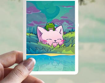 Kitty and Frog Vinyl Sticker | Waterproof Laptop Decal