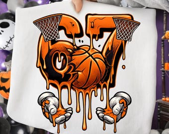 Basketbaldonut 67, png | Grappig ontwerp met 67 basketbaldruppels | Alpha-jargon Six Seven Gen | Digitale download sport-T-shirt voor kinderen
