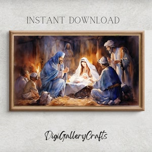 Könnte beinhalten: Ein Aquarellgemälde, das die Weihnachtsgeschichte mit Maria, Josef und dem Jesuskind darstellt. Drei Weisen sind anwesend, sowie ein Esel und ein Schaf. Die Szene spielt in einem Stall mit Heu auf dem Boden.