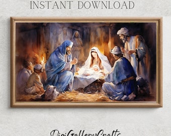 Samsung Frame TV Art | Nativity Scene Cartoon Illustration | Frame TV 4k Art Digital | Watercolor Birth of Jesus Christ | Art for TV Holiday