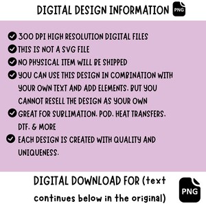 May include: A digital design information graphic on a light purple background. The text includes details about the digital files, such as high resolution, file type, and usage rights. The graphic also states that no physical item will be shipped.