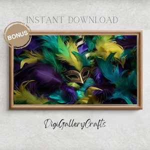 Samsung Frame TV Art, Abstract Mardi Gras Decor, Happy New Orleans Carnival Feathers Decor, Mask, Wallpaper, Digital Download, TV03