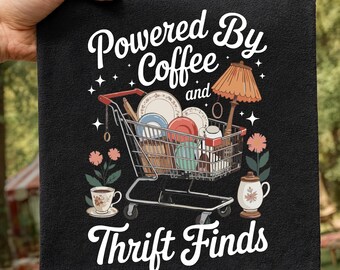 Powered by Coffee and Thrift Finds PNG | Thrift Aesthetic Shirt Design | Blue and Gold Vintage Decor Cart | Retro Thrifting Graphic