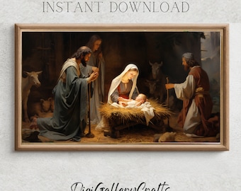 Samsung Frame TV Art | outdoor nativity scene | nativity scene clipart | outdoor nativity | outdoor xmas | Watercolor Birth of Jesus Christ