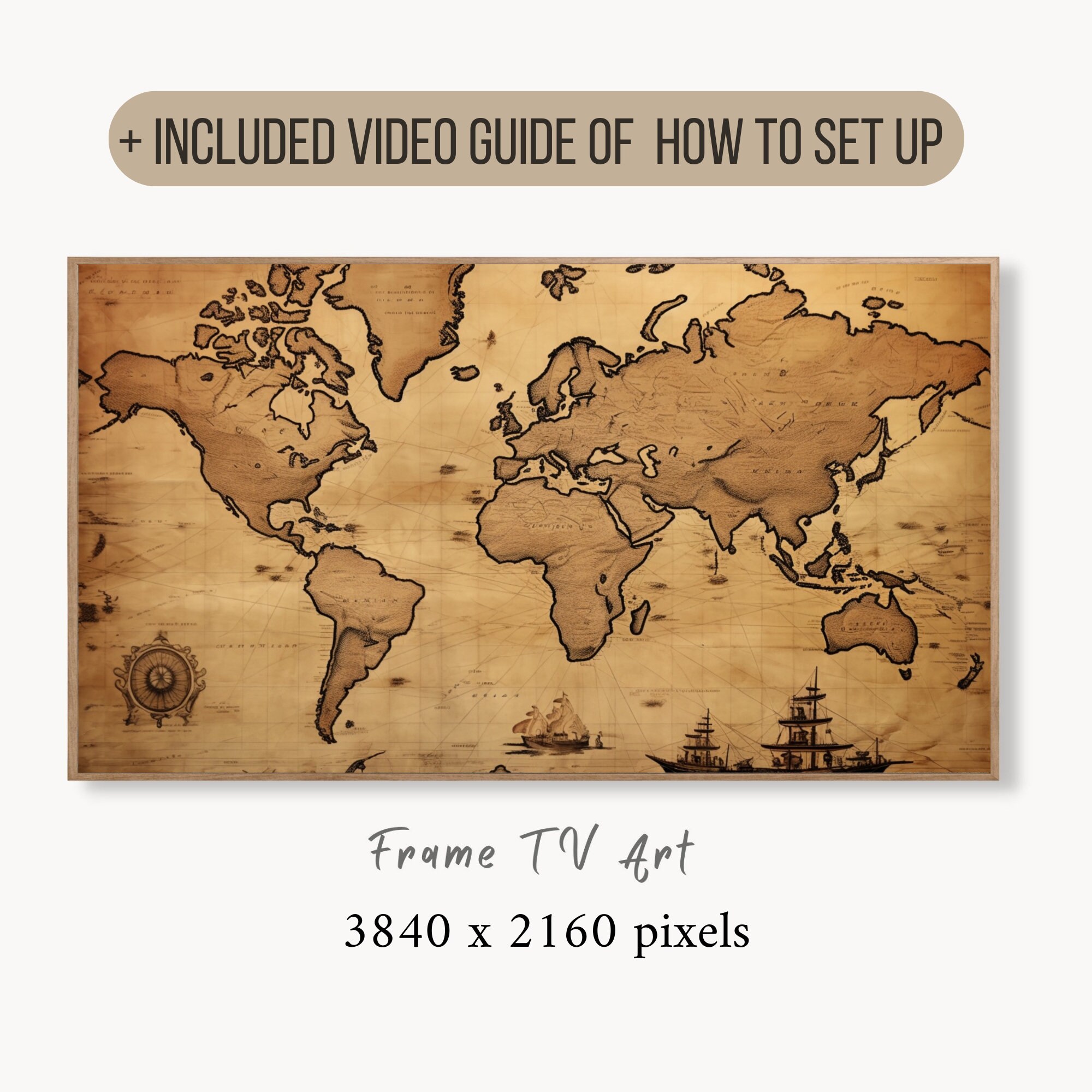 Samsung Frame TV Art, World Cartography, Vintage Map, 4K TV, Neutral ...