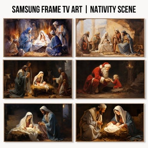 Samsung Frame TV Art Set de 6 / Ilustración de dibujos animados de la escena de la Natividad / Frame TV 4k Art / Nacimiento de la acuarela de Jesucristo / Conjunto de la Natividad