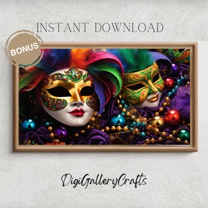Samsung Frame TV Art, Abstract Mardi Gras Decor, Happy New Orleans Carnival Feathers, Mask, Wallpaper, Digital Download, TV02