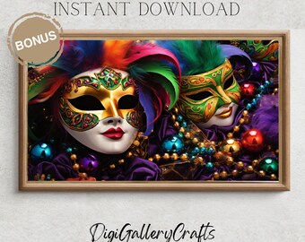 Samsung Frame TV Art, Abstract Mardi Gras Decor, Happy New Orleans Carnival Feathers, Mask, Wallpaper, Digital Download, TV02