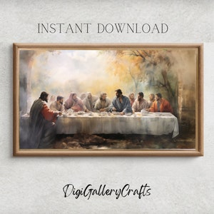 Puede incluir: Una pintura que representa la Última Cena, una escena bíblica donde Jesús comparte una comida con sus discípulos. La pintura presenta a un grupo de hombres sentados alrededor de una mesa, con Jesús en el centro. La escena está ambientada en una habitación con una ventana en el fondo, y la luz es suave y cálida. La pintura está realizada en un estilo realista, con atención al detalle en la ropa de las figuras y la disposición de la mesa.