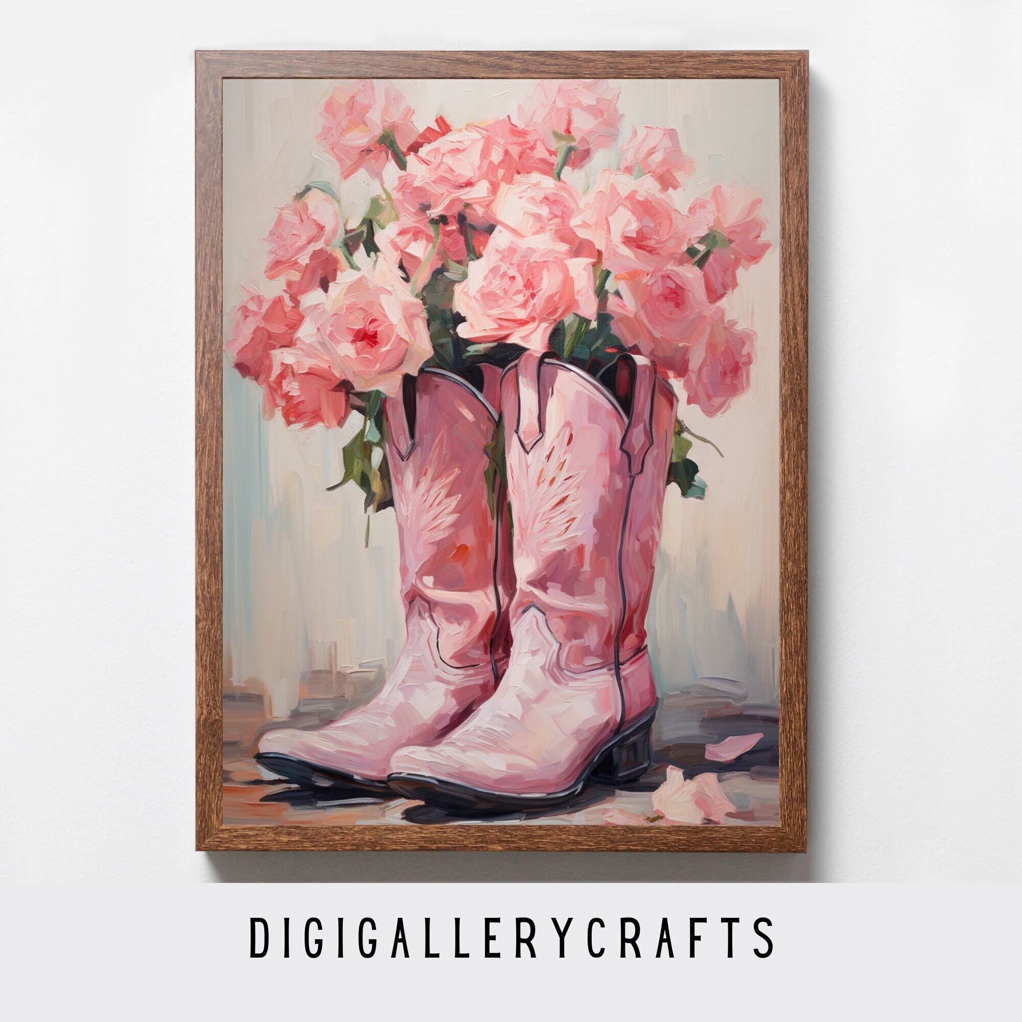 pink coastal cowgirl boot print illustration  aesthetic poster, Maximalist Apartment, 1950s aesthetic, Boho girly decor digital download