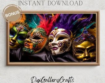 Samsung Frame TV Art, Abstract Mardi Gras Decor, Happy New Orleans Carnival Feathers, Mask, Wallpaper, Digital Download, TV01