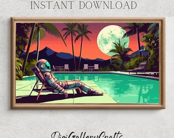 May include: A digital illustration of an astronaut relaxing in a lounge chair by a swimming pool. The astronaut is wearing a white spacesuit with a blue helmet. The pool is surrounded by palm trees and there is a large, full moon in the sky. The background is a vibrant sunset.