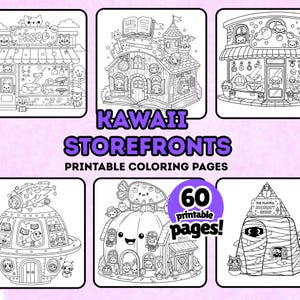 Puede incluir: Una colección de páginas para colorear imprimibles con seis ilustraciones de arte lineal en blanco y negro de escaparates, que incluyen una tienda, un castillo, una tienda de mascotas, una nave espacial, una casa calabaza y una tienda de momias.
