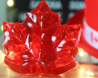 May include: A red, clear plastic maple leaf, a symbol of Canada, sits on a wooden surface with white string lights in the background.