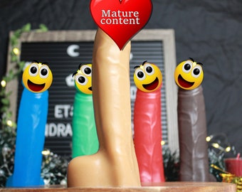 May include: A display of various colored adult toys, including brown, blue, green, red, and pink. The toys are arranged on a wooden surface, with a heart-shaped graphic that says "Mature content" at the top.